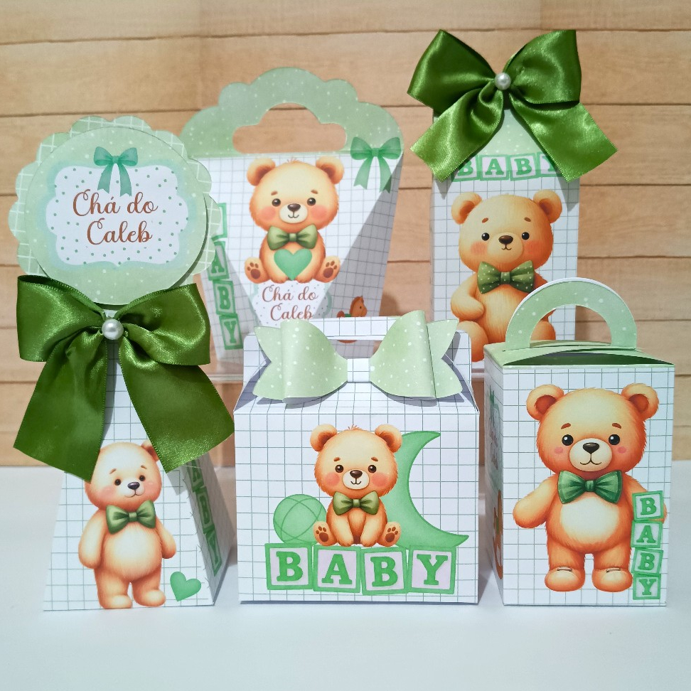 Kit Festa Chá de Bebê Personalizado Ursinho Verde Menino | Kit Caixinhas e Lembrancinhas chá revelação
