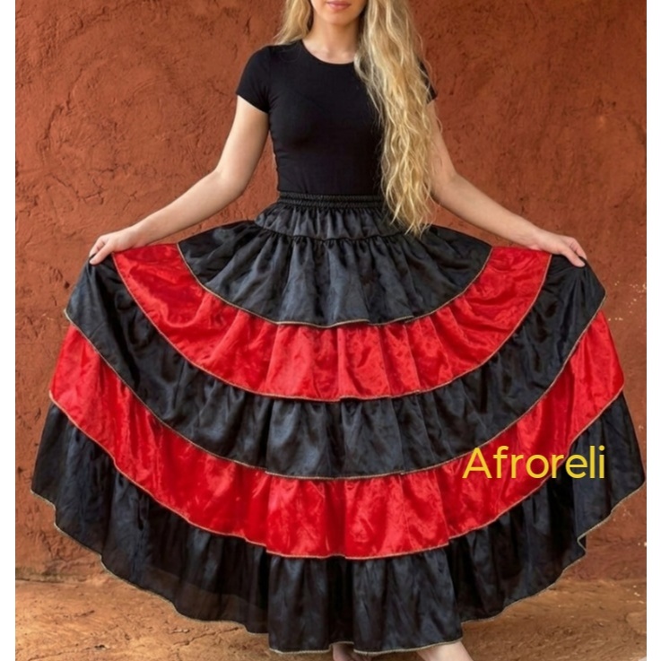 Saia rodada 5 babados sobrepostos soltos pombagira cigana moça exu umbanda cetim preta vermelha