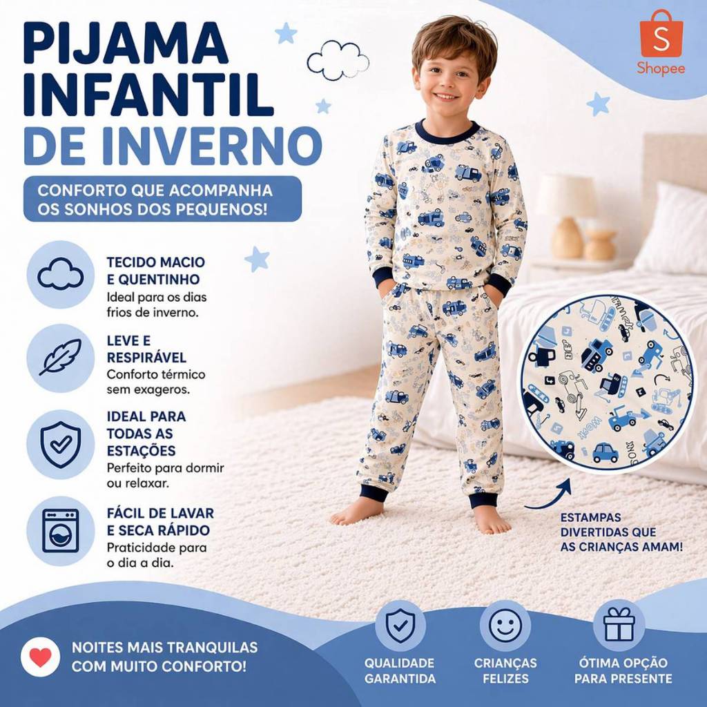 Pijama Manga Longa Infantil Malha 100% Algodão - Tamanhos de 2 a 10 Anos