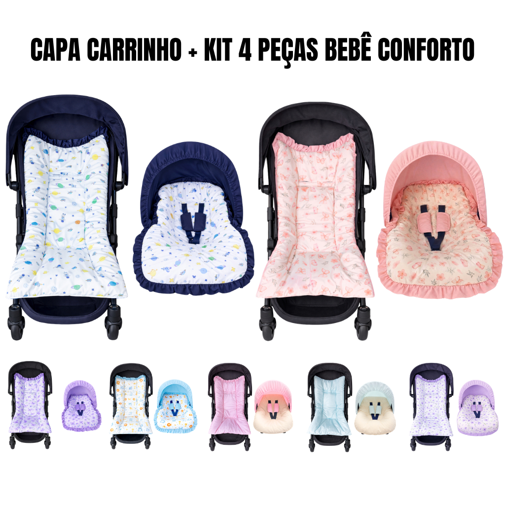 Kit Capa Carrinho + Bebê Conforto Universal (Galzerano Burigotto) com Capota Solar e Protetores