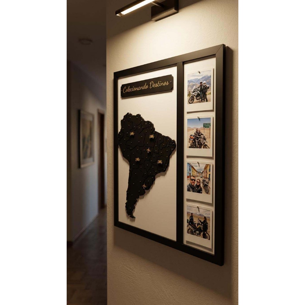 Quadro decorativo Mapa América do Sul personalizado com mural de fotos e pins marcadores