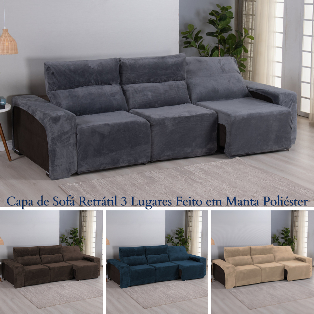 Kit Capa de Sofá Retrátil 3 Lugares Feito em Manta Soft Luxo Ajústavel e Protetora