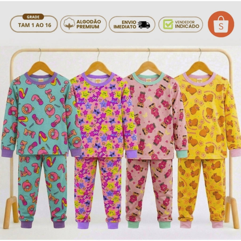 Kit 6 Peças Conjunto Pijama Infantil Feminino Inverno Roupa de Dormir Menina Frio Personagem Algodão Calça Punho 1 ao 16