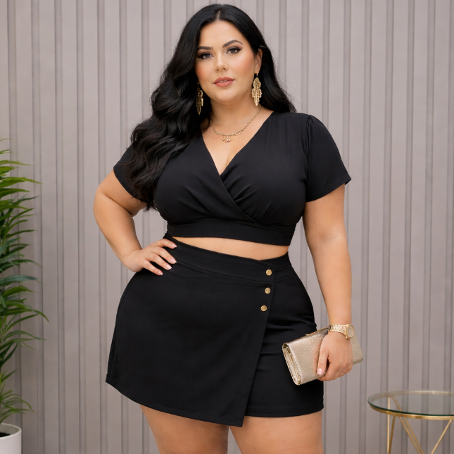 Blusa Cropped Feminina Estiloza+Short Saia Conjunto Plus Size Tamanho Grande Gordinha G1 G2  Junina Xadrex Liza Preta