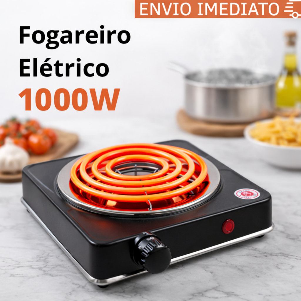 Fogão Elétrico Fogareiro 1000W 1 Boca 110V ou 220V Portátil Camping Acampamento Kaza+ Preto Compacto