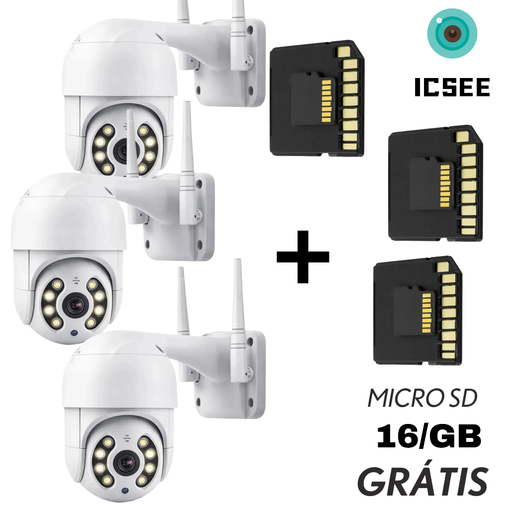 Kit 3 Câmeras Segurança IP WiFi Externa iCSee Infravermelho Prova D’Água +Cartão MicroSD 16GB
