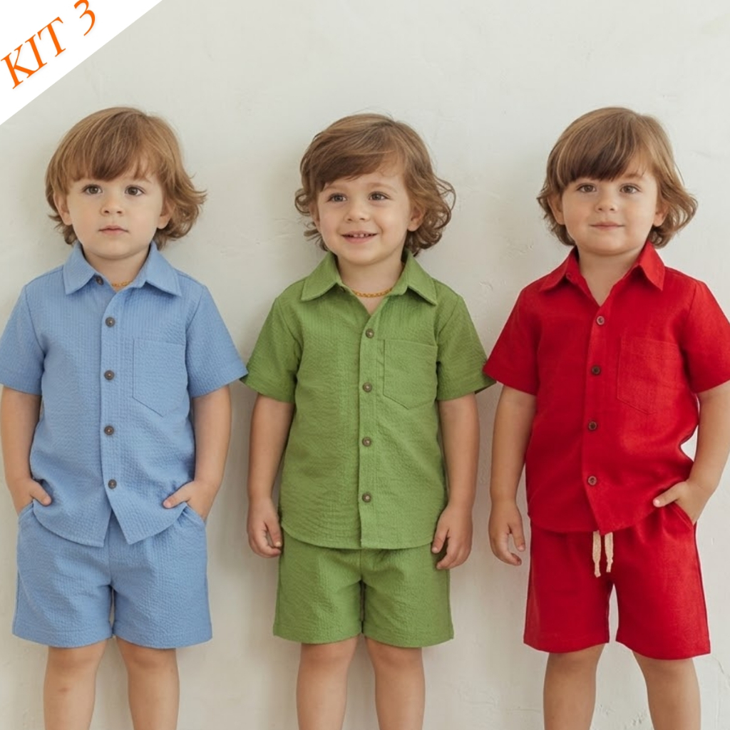 Kit 3 Conjunto Infantil Menino Linho Algodão Camisa Short 1 a 6 Anos Roupa Social Verão