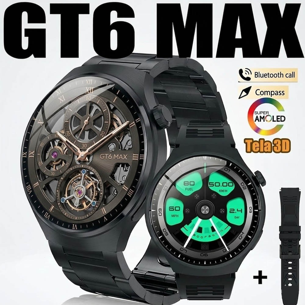 GT6 MAX Relógio Inteligente Masculino Tela 3D AMOLED HD Monitoramento da Frequência Cardíaca
