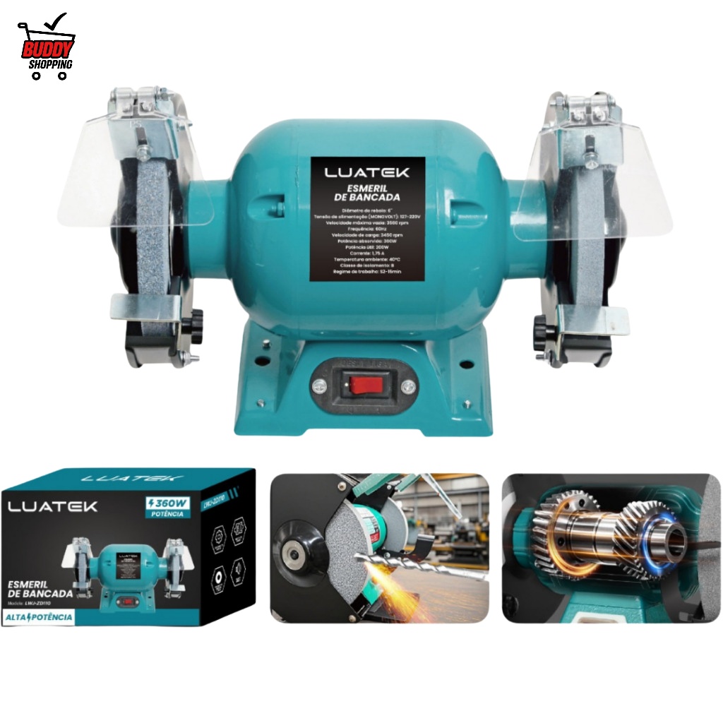 Moto Esmeril Profissional 360W Bivolt p/ Amolar Facas Ferramentas e Polimento Luatek LWJ-ZD110