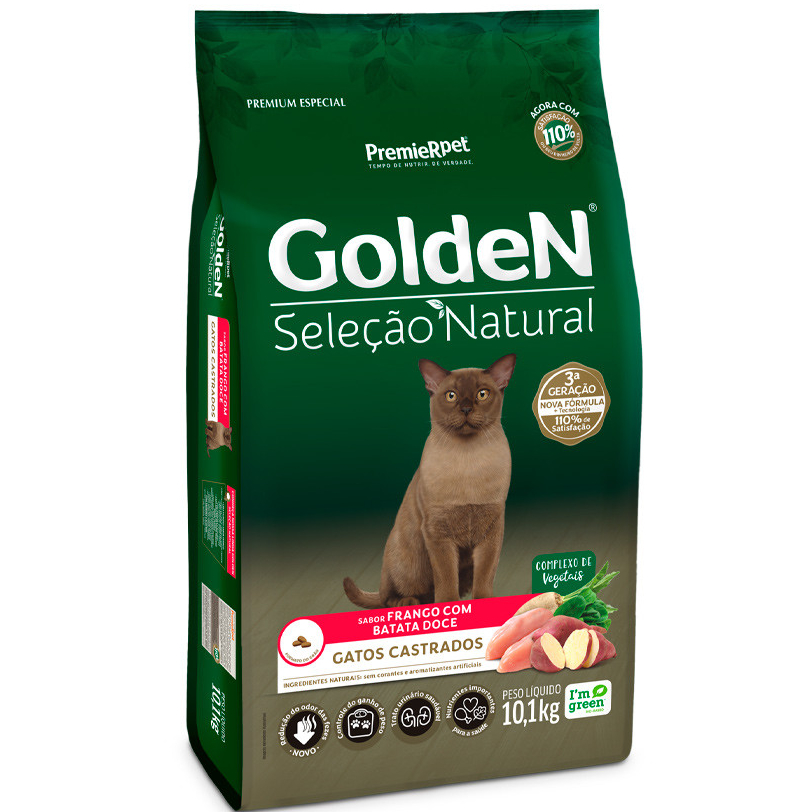Ração Golden Seleção Natural para Gatos Castrados Sabor Frango com Batata Doce - 10,1kg Premier Pet