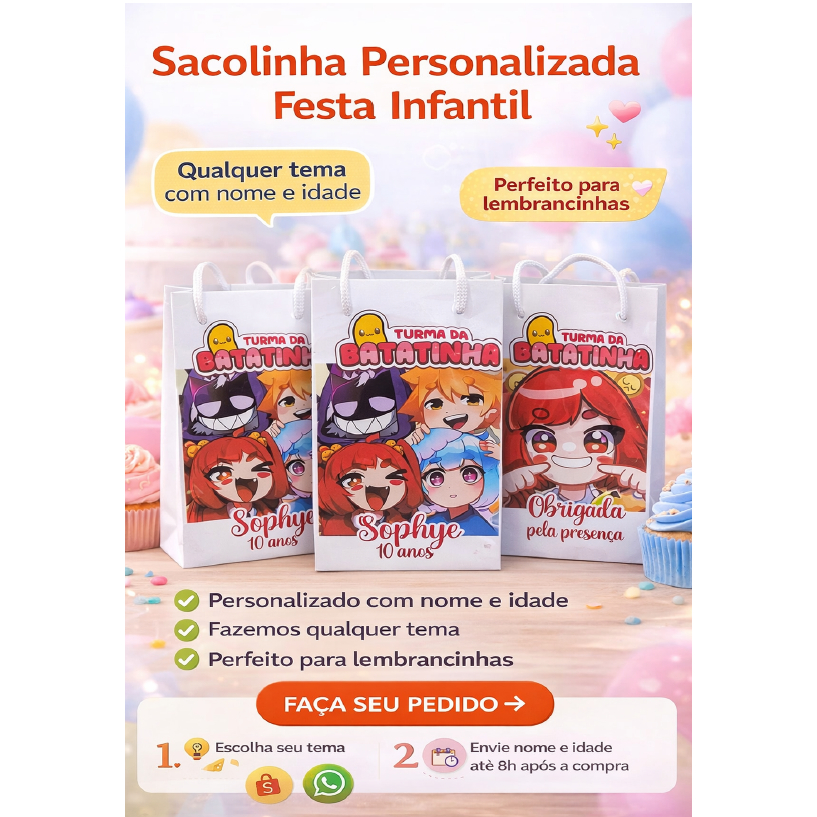 Sacolinha Personalizada Festa Infantil – Qualquer Tema | Nome e Idade | Lembrancinha -  Turma da Batatinha
