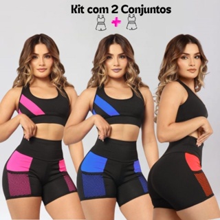 Kit 2 Conjuntos Short e Top Moda Fitness Feminino Suplex Confortável Academia Cintura Alta Compresão em Oferta na Shopee