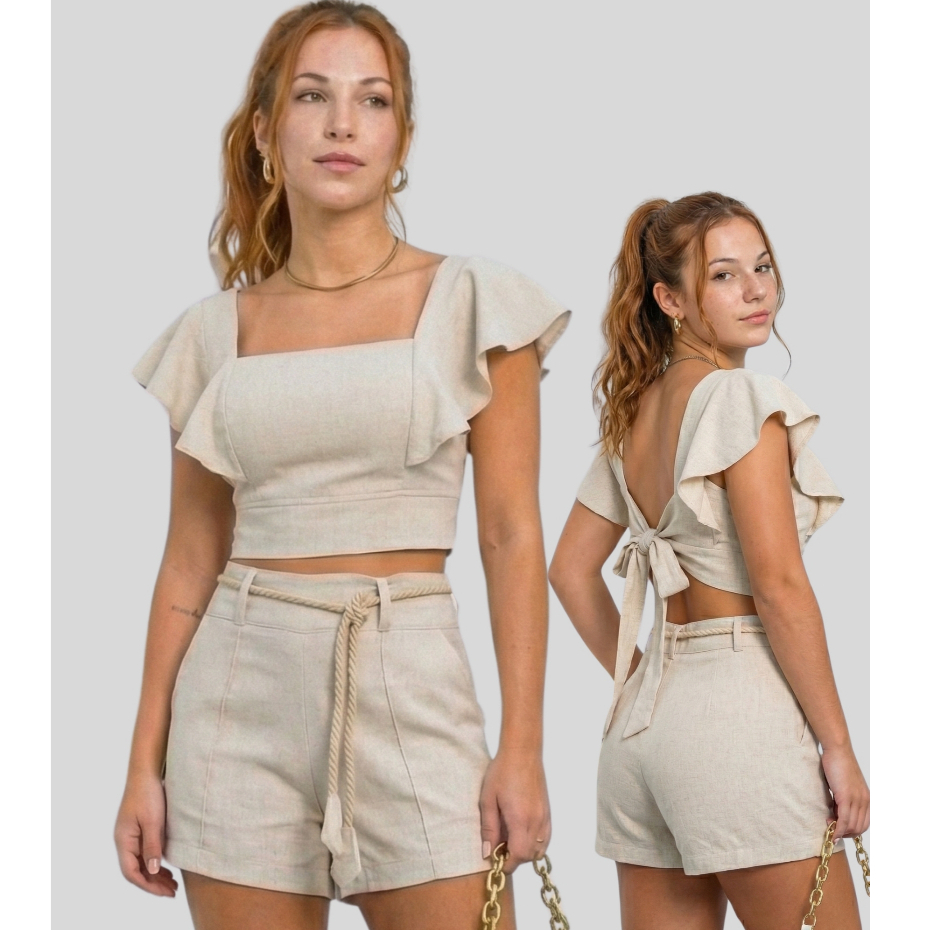 Conjunto Feminino em Linho Short e Cropped Amarração Costas Manga Babado Cintura Alta Moda Blogueira