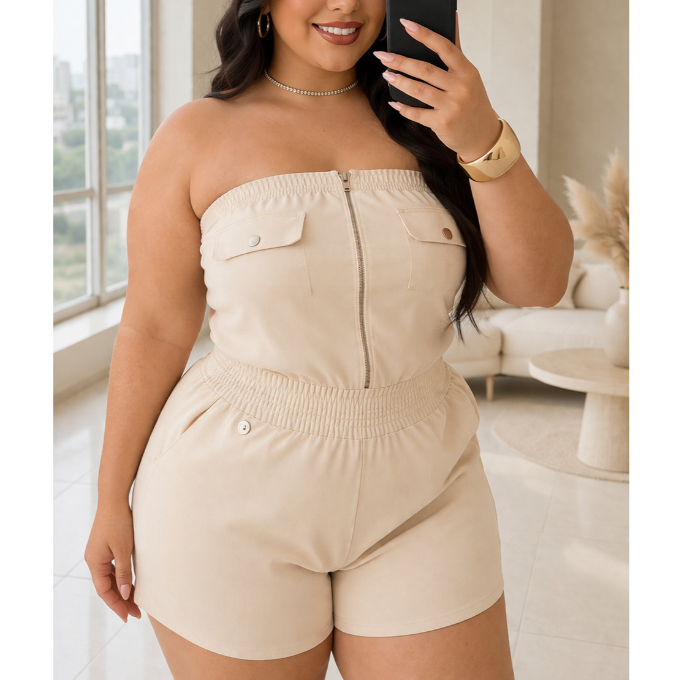 Macacão Feminino Curto Plus Size Tomara que Caia com Zíper Cintura Alta Moda Verão 2026