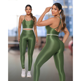 Conjunto Feminino Canelado Fitness Poliamida Calça Legging e Top De Academia em Oferta na Shopee