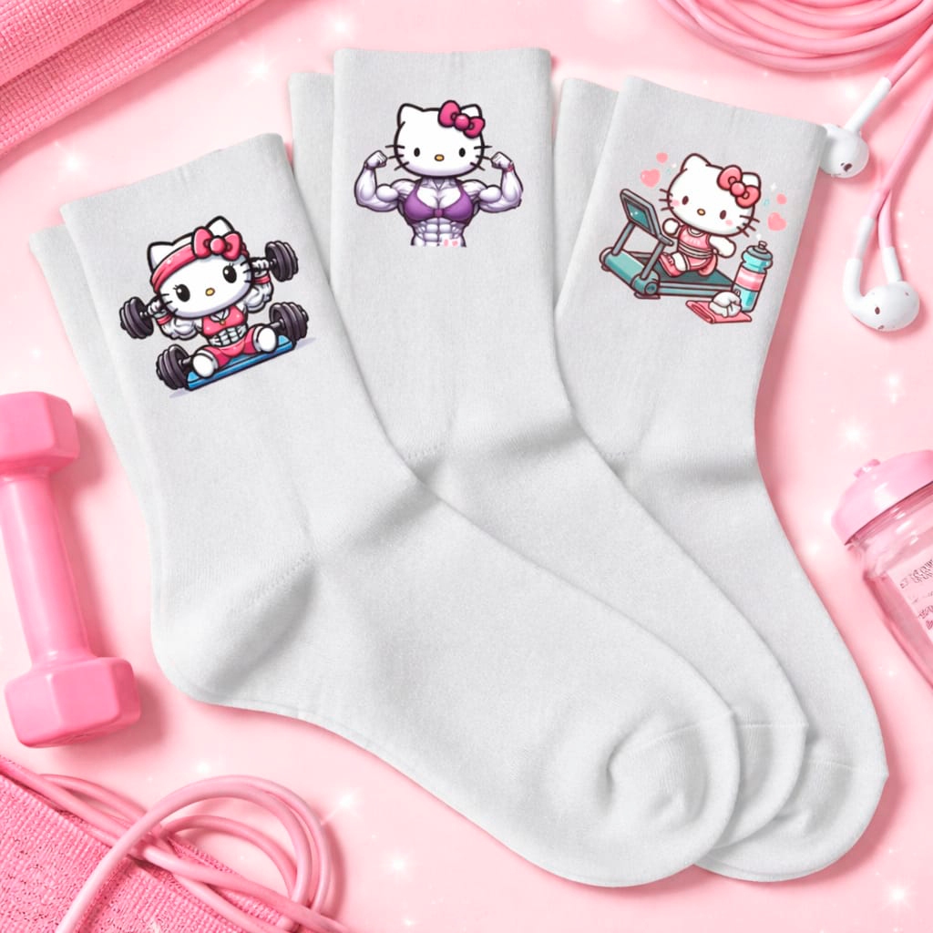 Kit 3 Pares Meias Femininas Personalizadas Esportivas Estampadas Hello Kitty Confortáveis Academia
