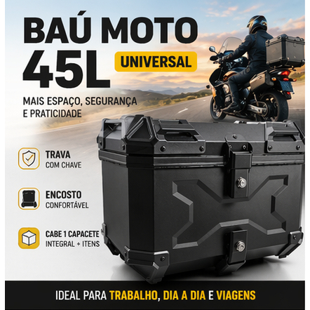 Baú Moto 45L Universal ABS Com Chave Cabe Capacete + Base