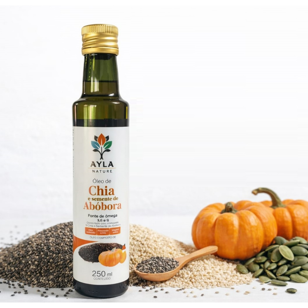Óleo composto de Chia e Semente de Abobora Extra Virgem Prensado a Frio Fonte de Ômega 3,6 e 9 250ml