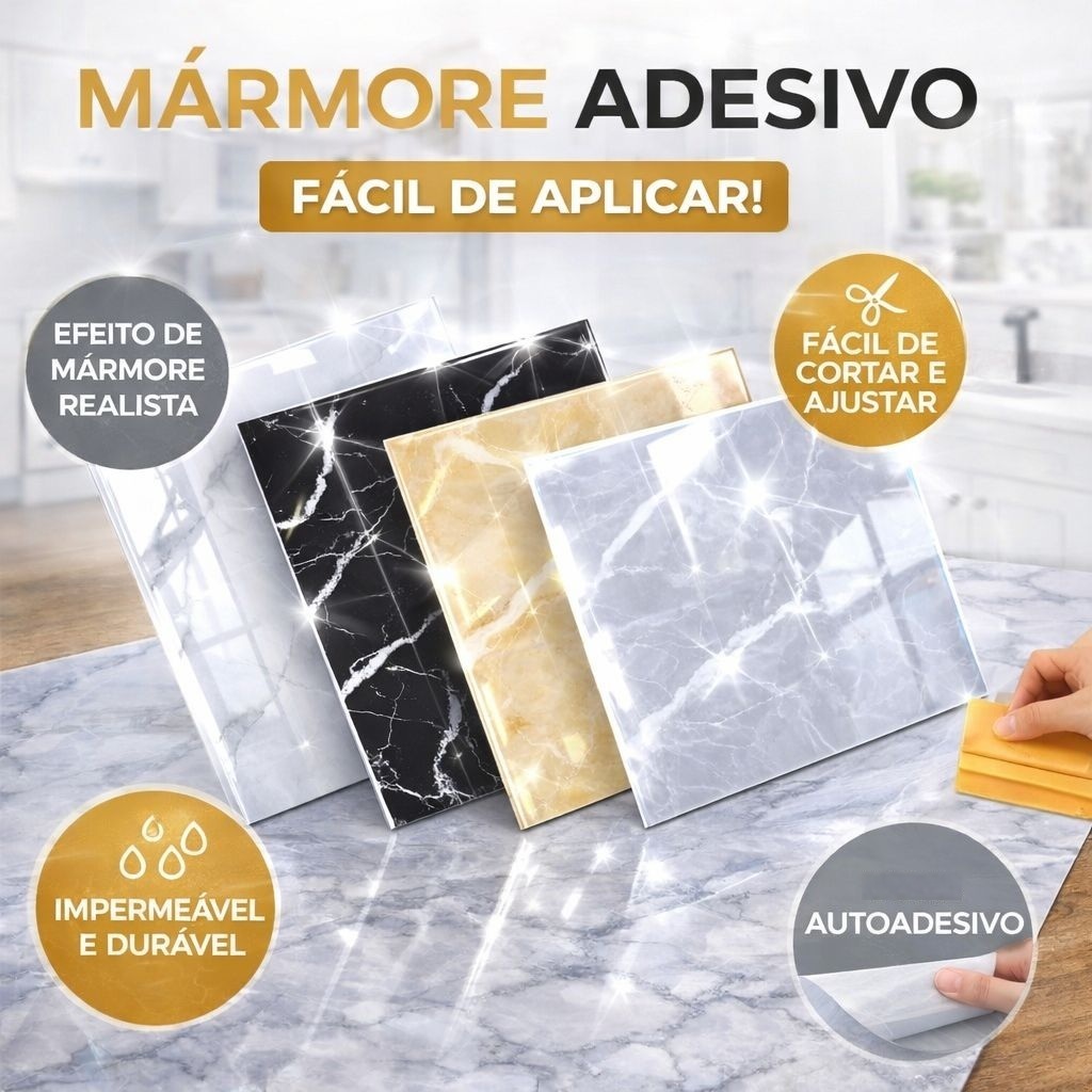 KIT COM 5 PLACAS MARMORE ADESIVAS ALTO BRILHO PAREDE E PISO