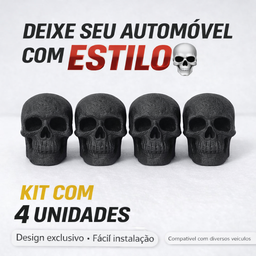 Kit 4 Tampas de Válvula Caveira Skull  Para Pneu – Carro Moto Universal Acessório Estiloso