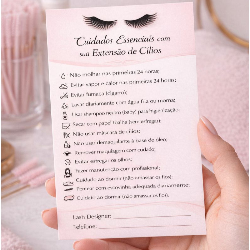 Cuidados Extensão de Cílios | Cartão Pós Alongamento Lash Designer | Fio a Fio Volume Russo