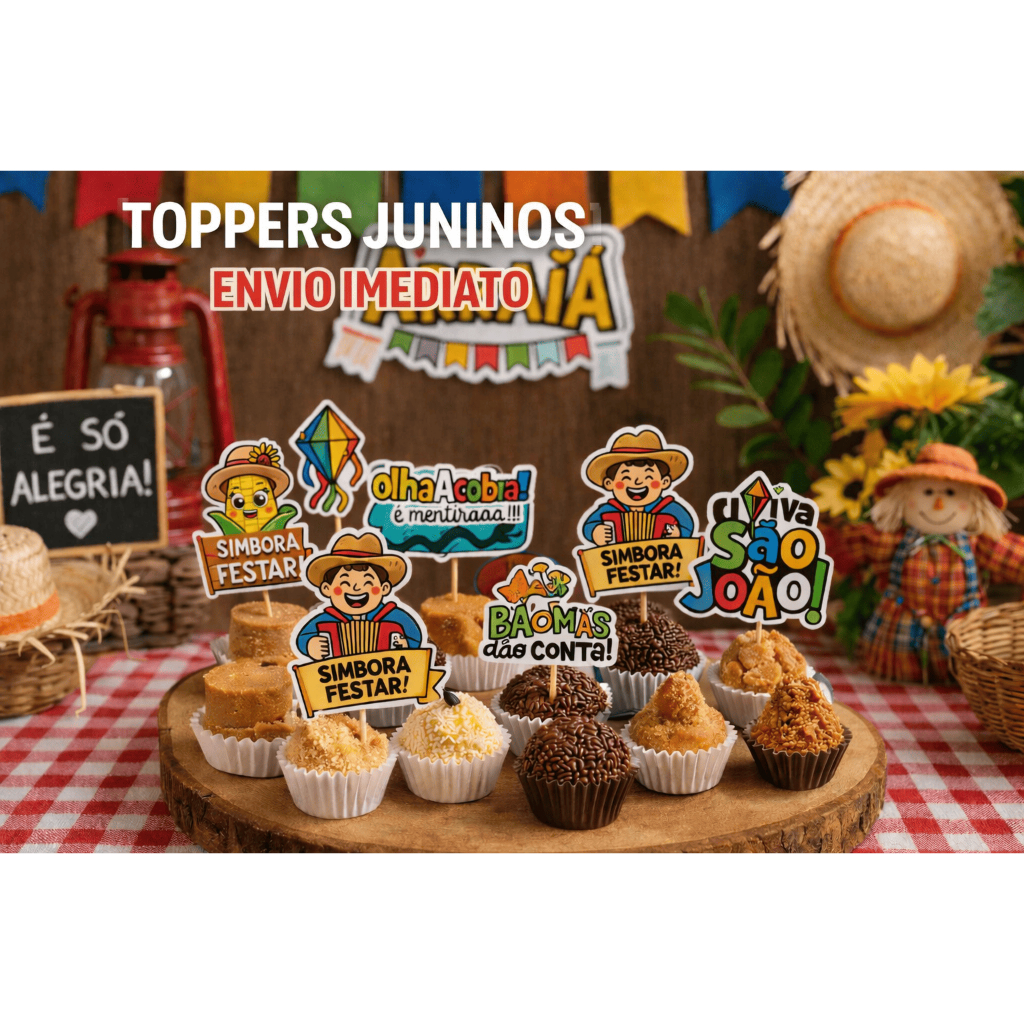 Topper Doces Festa Junina – Plaquinhas Arraiá São João-Kit Plaquinhas Divertidas- Topinhos de doce-Kit Topper-Mimos