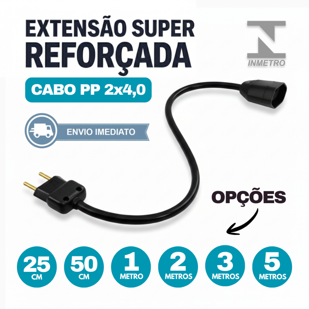 Extensão Reforçada 20A Cabo PP 2X4mm - 0,5/1/2/3/5 Metros | Prolongador De Energia Certificado | Bivolt