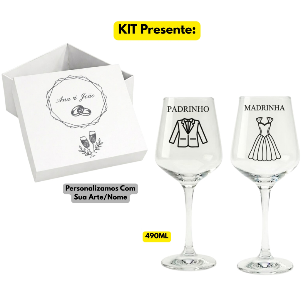 Jogo Kit Presente 03 Peças Taças Vidro Vinho Brunello Personalizadas + Caixa C/ Laço Padrinhos Decoradas