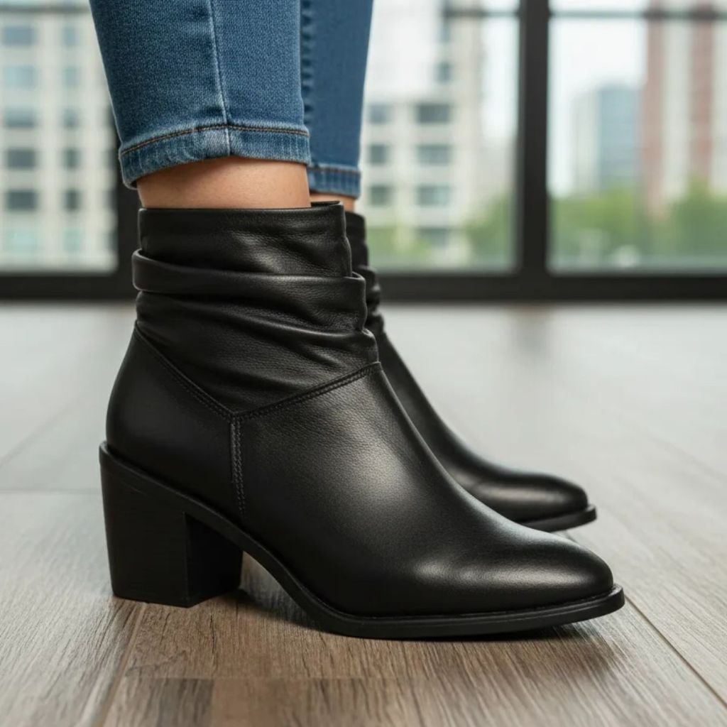 Bota Feminina Perlatto Couro Cano Médio Enrugado Salto Bloco