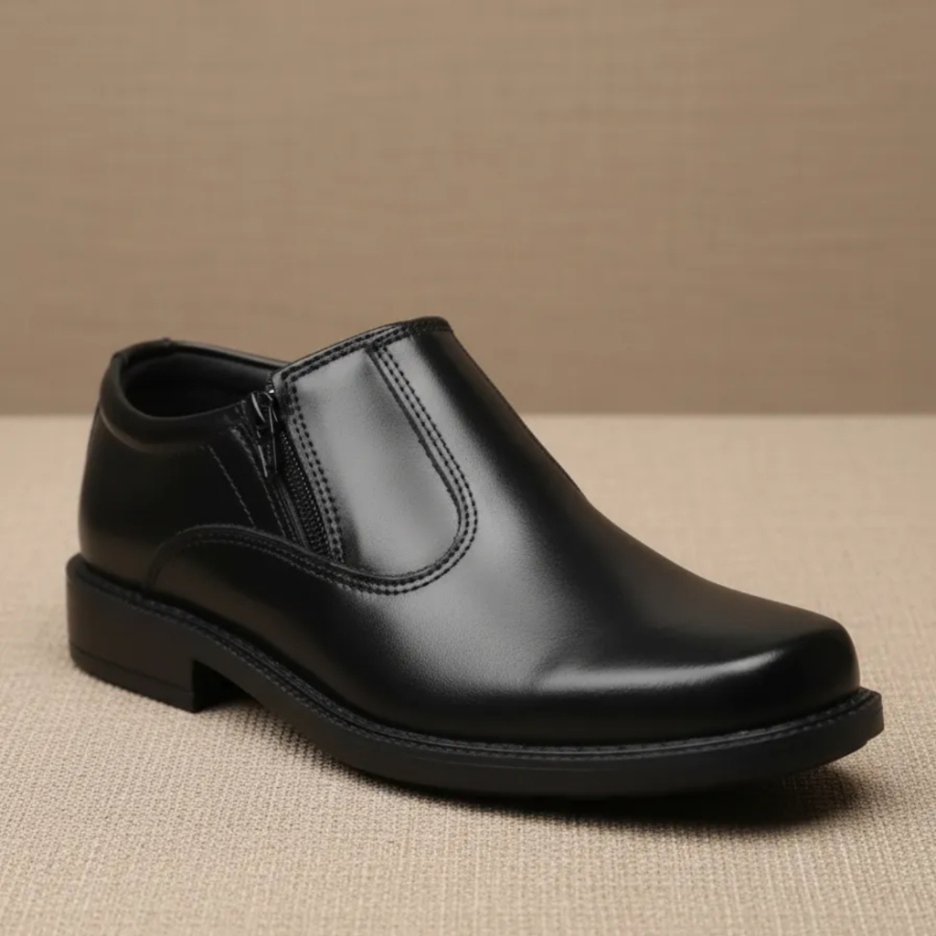 Sapato Social Masculino cor Preta Couro Legitimo Solado Borracha Costurado Estilo Meia Bota Com Ziper Forte Reforçado