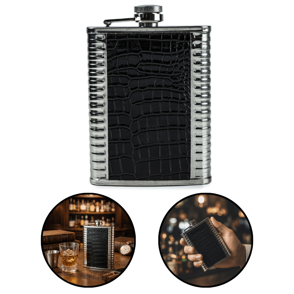 Cantil De Bolso Feito Em Aço Inox Couro Whisky Porta Bebida Frasco Grande Portátil Resistente Compacto Elegante 300ml
