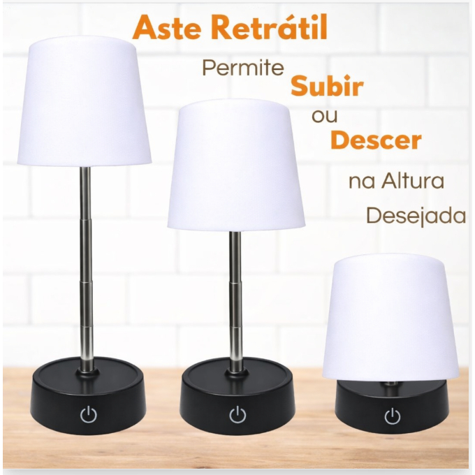 Abajur LED Recarregável Retrátil Telescópico Touch USB | Luminária Ajustável de Mesa para Leitura e Decoração