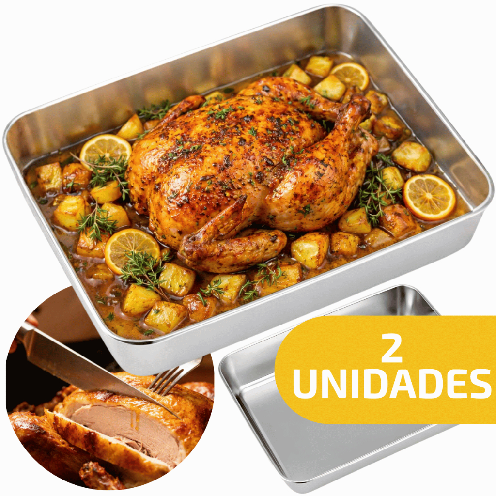 2 Bandeja Lisa Assadeira Alta Retangular Aço Inox Forno 35cm Funda Assar Forno Baixela Resistente