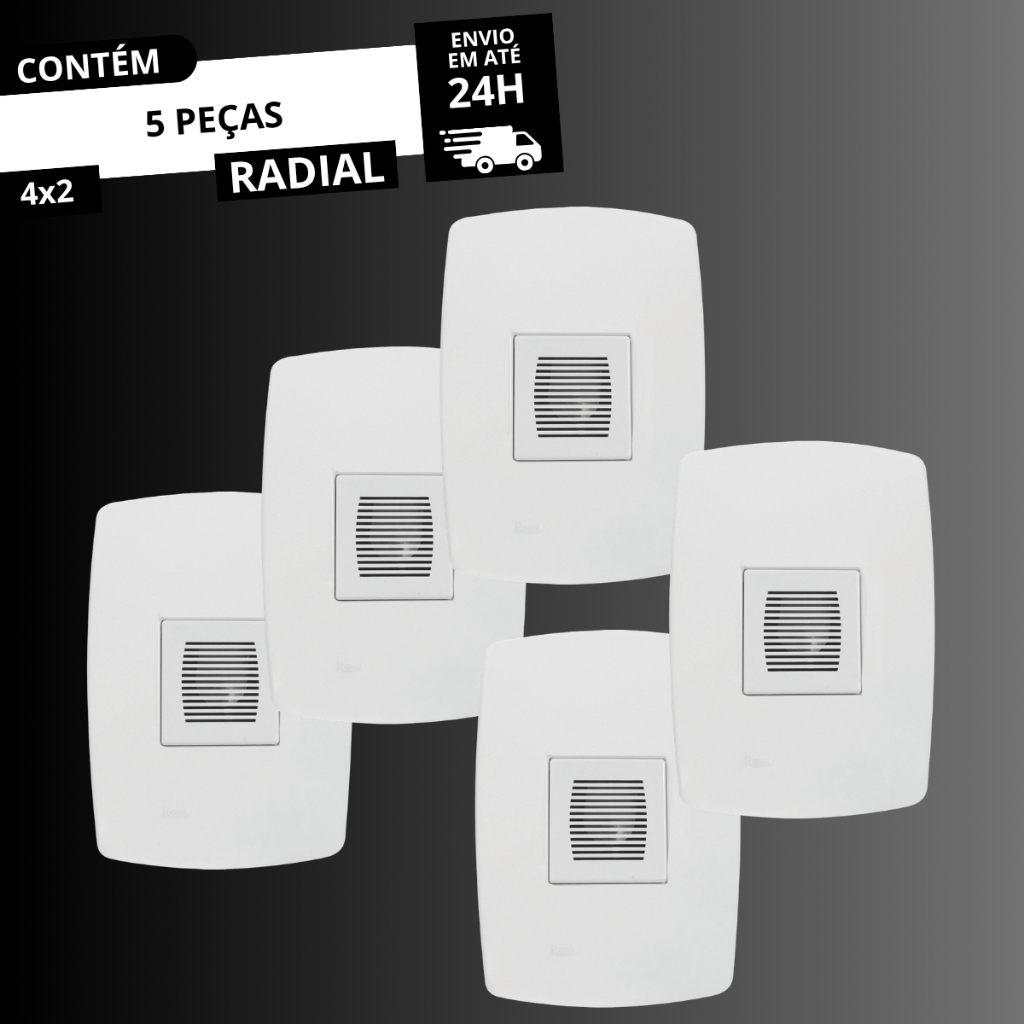 Conjunto 4x2 com 5 pç Campainha Cigarra 10A 250V Linha Pérola Branca Radial