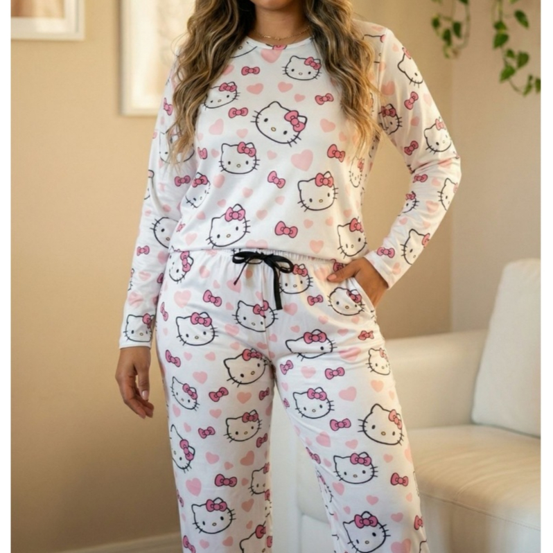 Pijama Feminino Personagem Estampado Hello Kitty Fechado Longo Inverno Malha Suede Premium