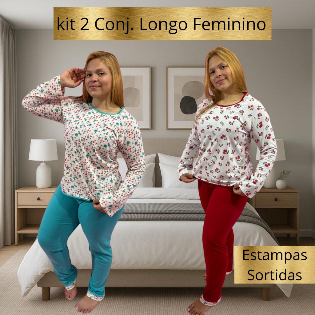 Kit 2 Pijamas Feminino Inverno Malha 100% Algodao Calça Manga Longa Frio Confortavel Babydool Dormir