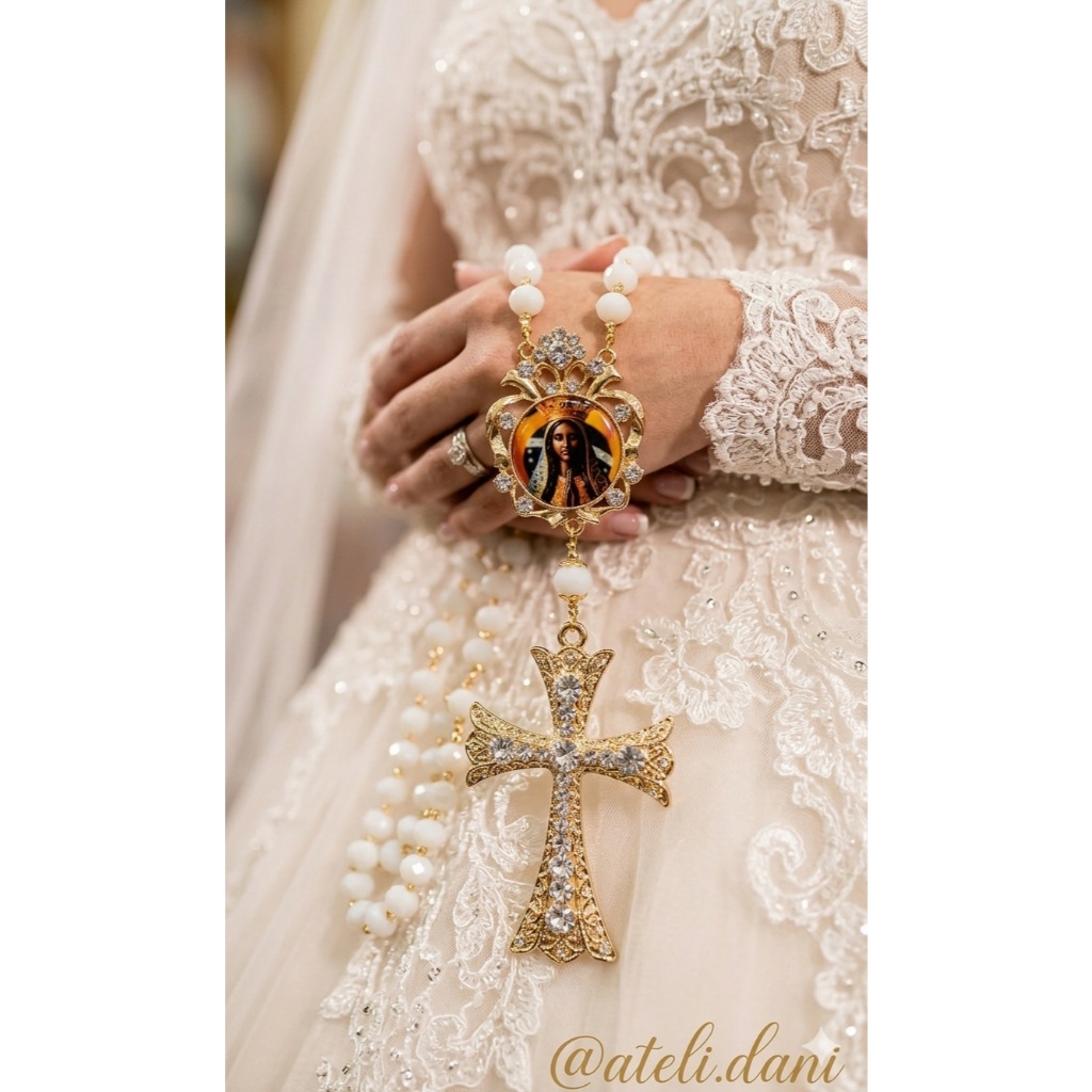 Ateliê da Dani + Terço para Noiva - Nossa Senhora Aparecida + Banhado a Ouro