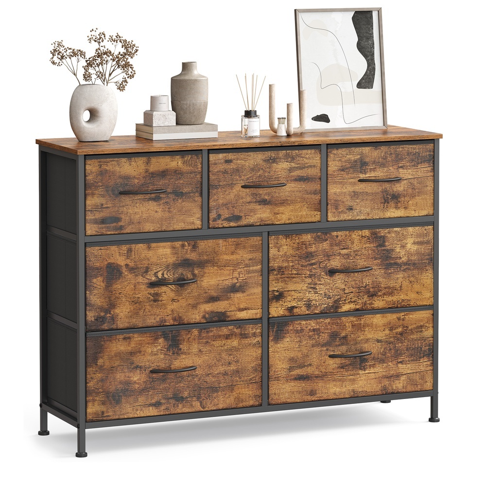 Imagem SONGMICS Cômoda com 7 Gavetas, Unidade de Armazenamento em Aço e MDF, para Quarto, Sala ou Corredor, Marrom e Preto