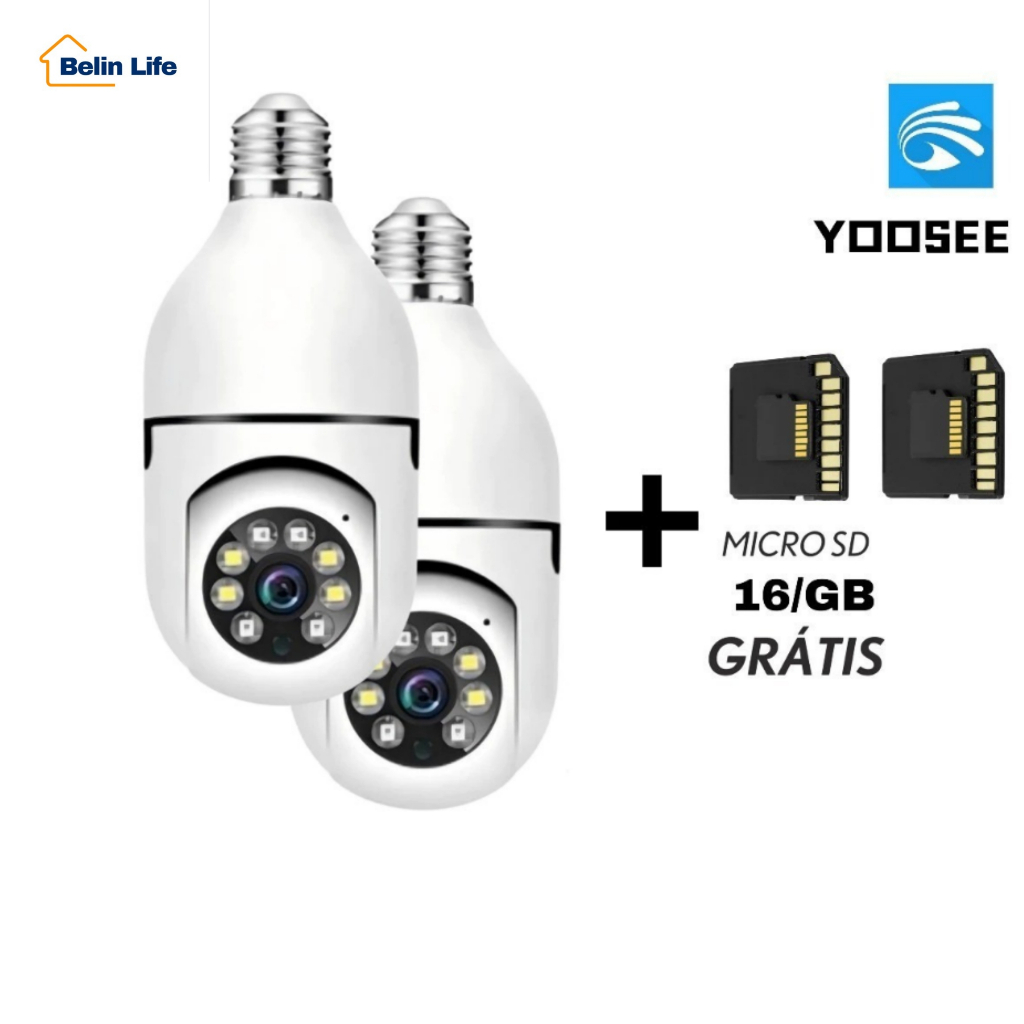 Kit 2 Câmeras Lâmpada Wifi Bocal E27 Giratória Noturna + 2 Cartões Micro SD 16GB