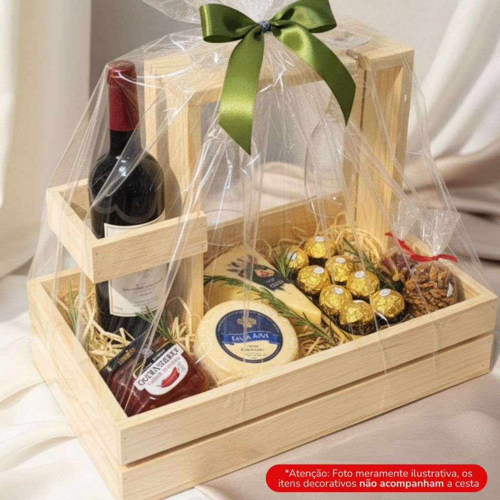 Cesta para Presente de Madeira Pinus Gourmet - Suporte para Taças e garrafa - Monte sua cesta de presente