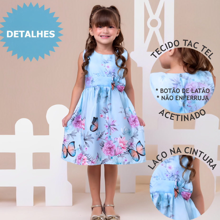 Vestido  Infantil Menina Floral Azul com Borboletas Claro Casual  festa 04 ao 12 anos