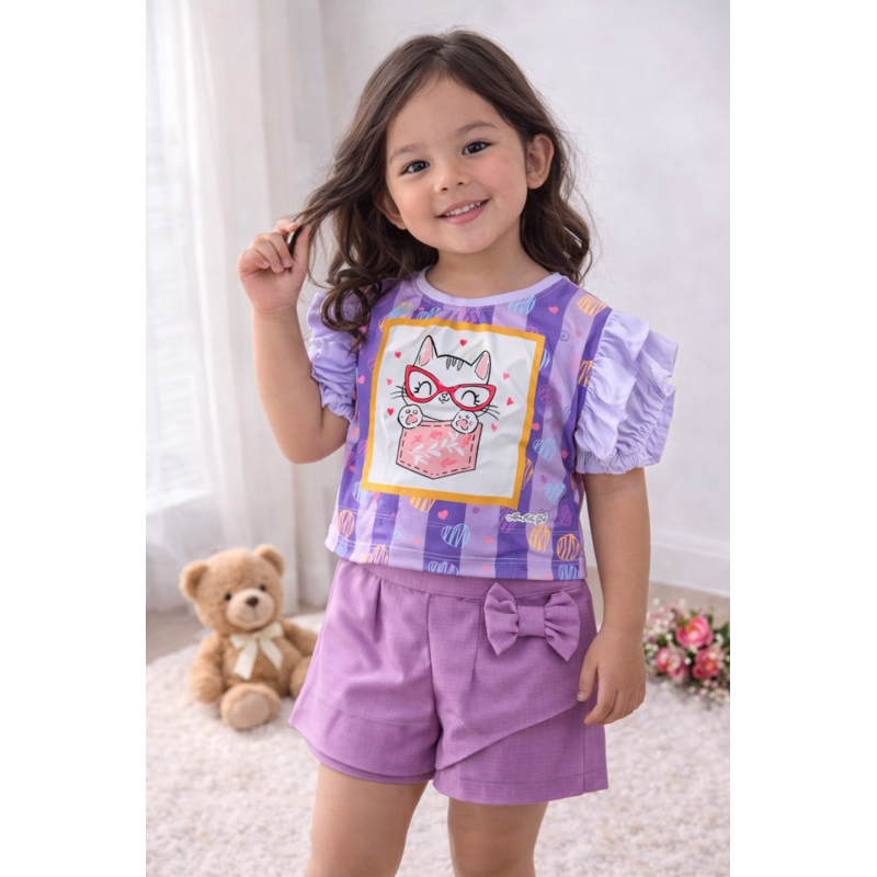 Conjunto infantil menina short saia e blusa cropped estampado TAM 4 ao 12