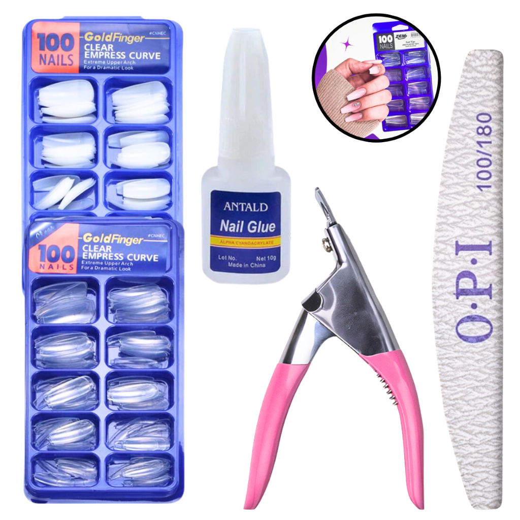 KIT UNHA POSTIÇA BAILARINA REALISTA - Leitosa ou Transparente + Cola com Pincel + Cortador de Tips