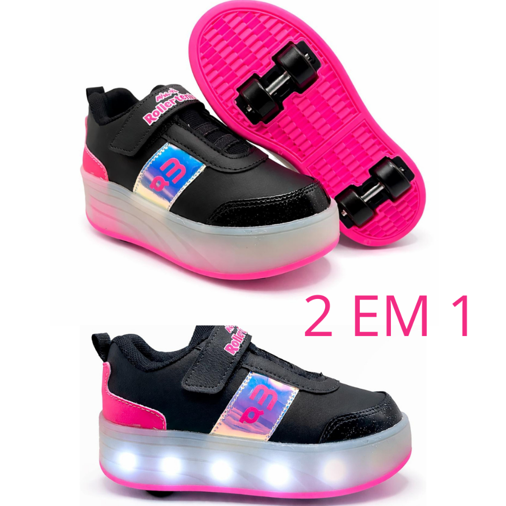 Tênis Infantil de Rodinha com LED Menina Feminino 4 Rodinhas Removíveis Preto Rosa