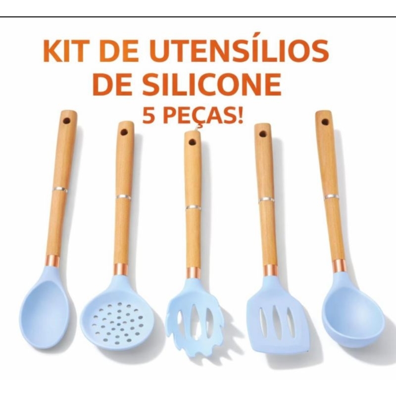 Kit Utensílios de Cozinha Silicone 5 Peças Cabo Madeira 31cm Antiaderente Resistente Calor