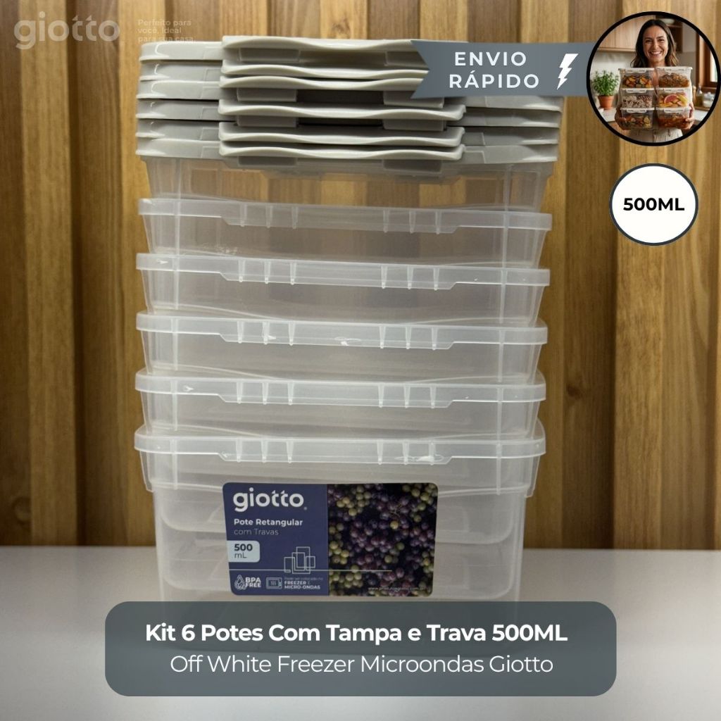 Kit 6 Potes Com Tampa e Trava 500ML Off White Hermetico Fitnes Freezer Microondas Marmitas Giotto em Oferta na Shopee