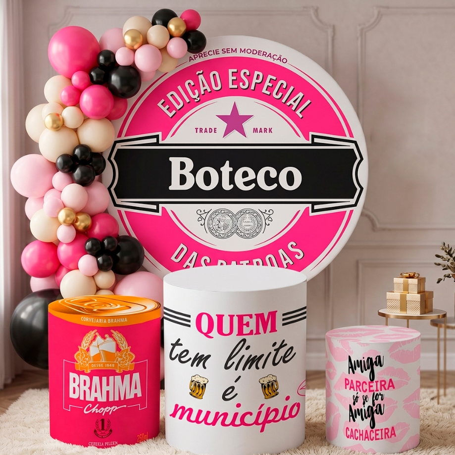 Kit Capas Sublimadas Para Painéis Redondo + Trio Capas Cilindros de Festa Boteco/Bar Bebidas