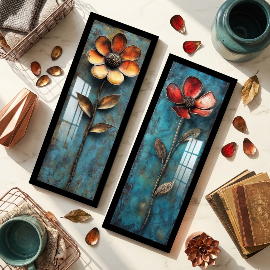 Kit 2 Quadros 18x45 cm Sala, quarto, escritório, Varanda, moldura e Vidro, flores, metal
