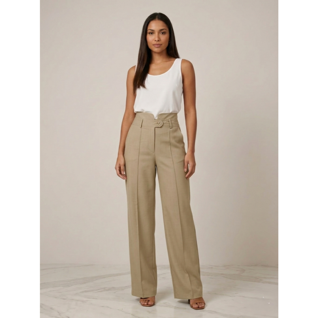 Calça Alfaiataria Feminina Cintura Alta Modeladora Detalhe V Social Elegante Trabalho