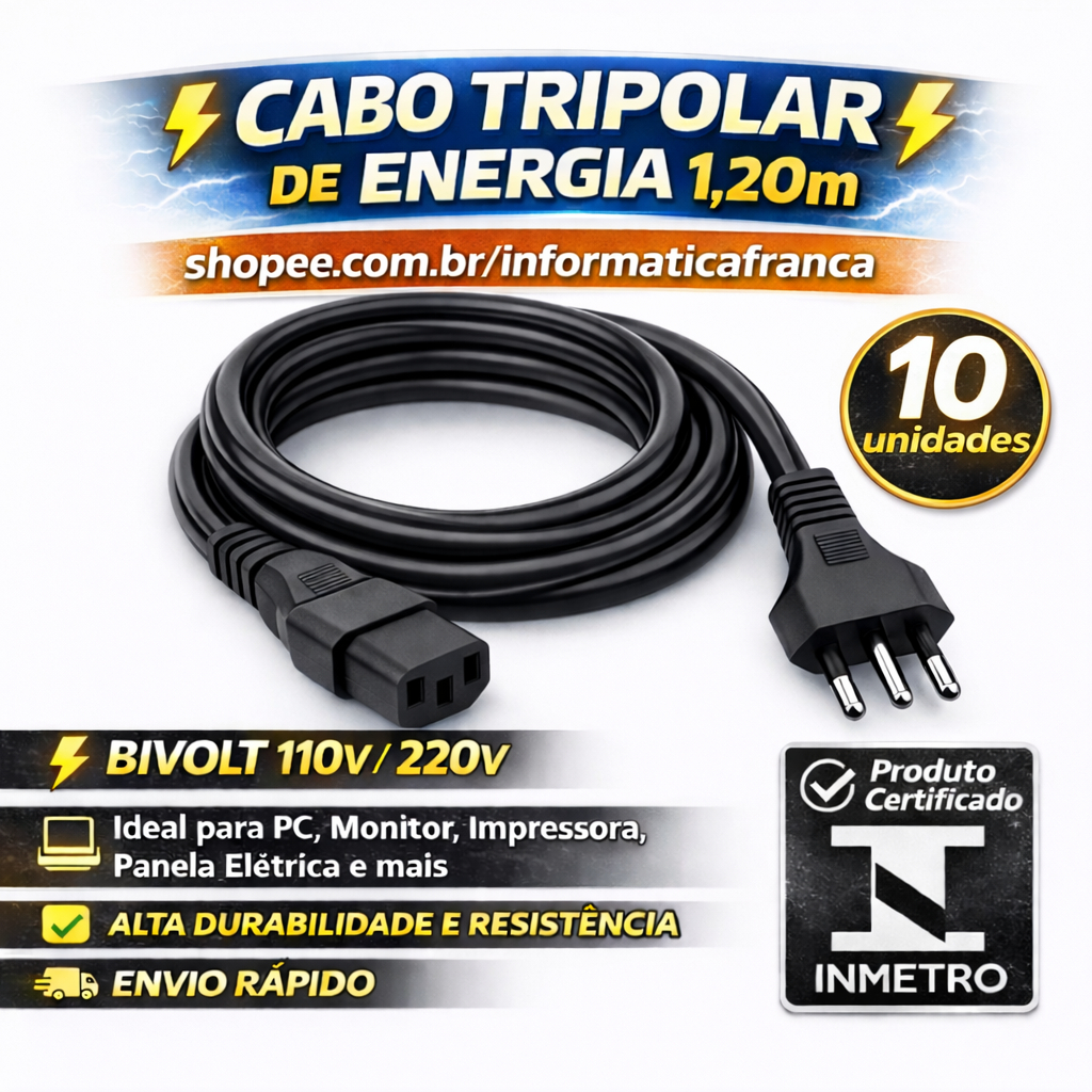 Kit 10 Cabo De Força 10A Energia Tripolar 1,20M Monitor, Fonte, panela eletrica